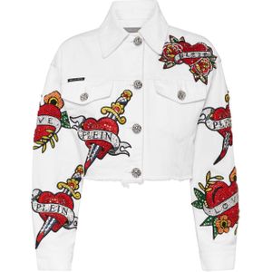 Philipp Plein - Cropped Denim Jacket Love Crystals - Wit - Dames - Jassen