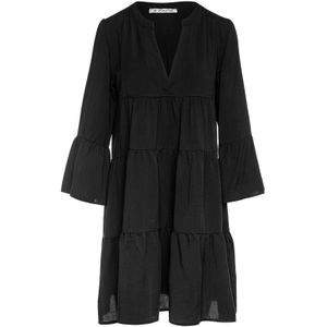 A-lijn Jurk - Zwart - Geplooide Naden - Driekwart Klokmouwen - Ronde Hals