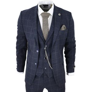Heren - 3-delige Wollen Pak - Marineblauw - Tweed Ruit - Peaky Blinders 1920 Gatsby Formeel