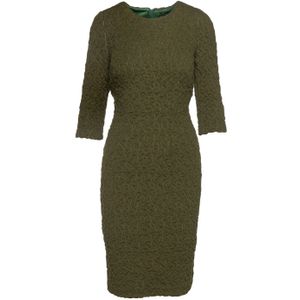 Conquista Fashion - Kaki - Jacquard Jurk - ¾ Mouwen - Ronde Halslijn - Knielengte