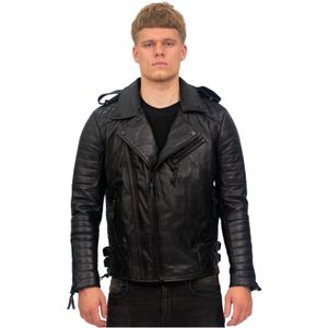 Heren - Slim-fit - Leren Bikerjack - Matzwart - Caïro