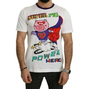 Dolce Gabbana Witte Katoenen Top Super Power Varkens T-Shirt