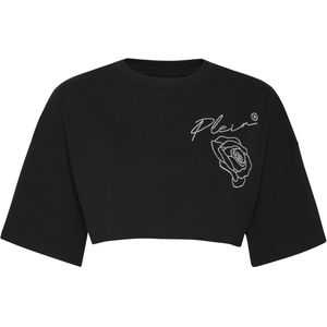 Philipp Plein - T-Shirt - Wit - Cropped - Katoen - Ronde Hals - Rozenprint met Strass
