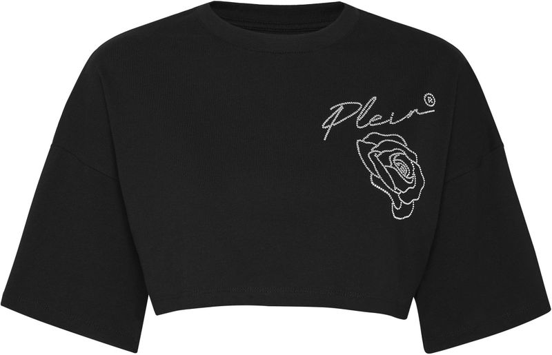 Philipp Plein - T-Shirt - Wit - Cropped - Katoen - Ronde Hals - Rozenprint met Strass