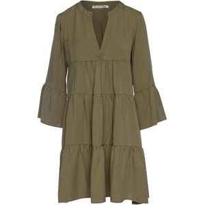 Jurk - Khaki - A-lijnmodel - Geplooide Naden - Driekwart Klokmouwen