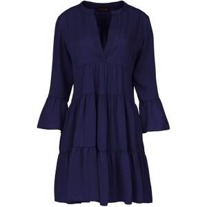 Marine - A-lijn Jurk - Geplooide Naden - Driekwart Klokmouwen - Ronde Hals