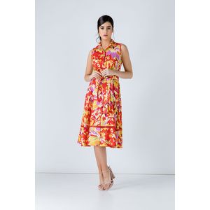 A-lijn Jurk - Meerkleurige Print - Mouwloos - Geweven Popeline-Katoen