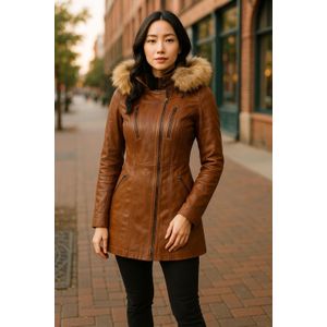 Dames - Winton - Gewatteerde Leren Parka - Bruin Leer