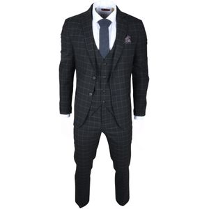 Heren - Zwart Geruit - 3-Delig Pak - Tailored Fit