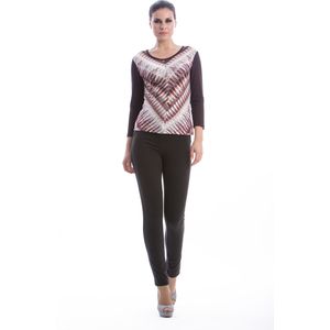 CONQUISTA - Top - Aubergine - Gedessineerde Stof - Ronde Hals - ¾ Mouwen