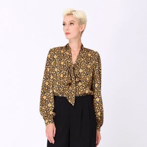 Blouse - Kunst-deco Print - Met Ascot Kraag - Lange Mouwen - Recht/Loss