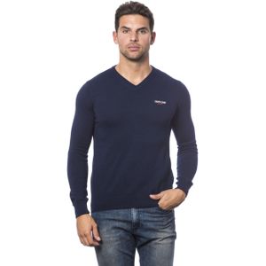 Roberto Cavalli - Heren Trui - Blauw - Viscose - V-halslijn - Logo-borduurwerk