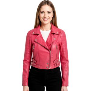Brando - Bellville - Leren Bikerjack - Fuchsia Roze - Cropped