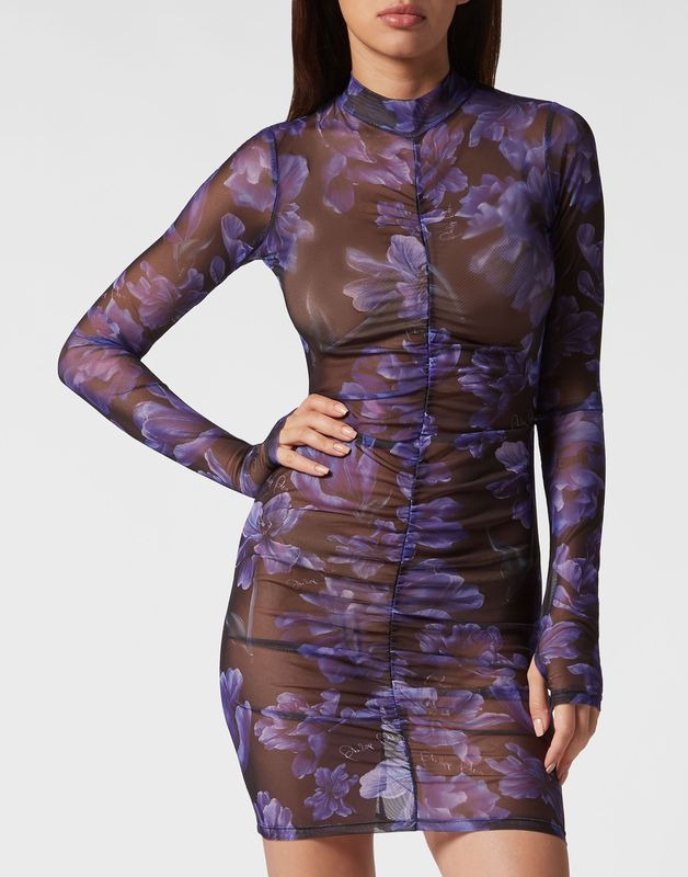 Philipp Plein - Long-sleeve Mini Dress Flowers - Veelkleurig - Dames - Polyester