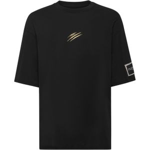 Plein Sport - T-shirt Ronde Hals SS Label - Zwart - Katoen - Oversized Fit