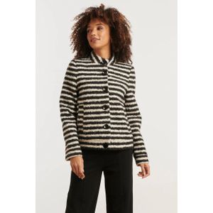 Smashed Lemon - Korte Bouclé Jas - Zwart en Off-White - Met Tweekleurige Streep