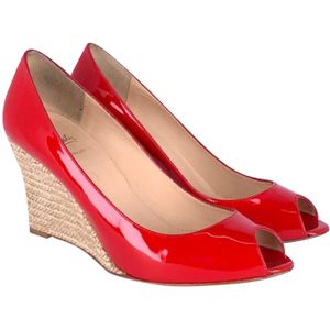 Christian Louboutin Puglia Peep Toe Touw Wedge 85 in Rood Patentleer