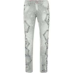 Philipp Plein - Jeans - Grijs - Super Straight Cut - Strass Chains