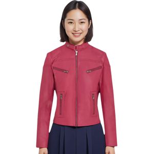 Tulsa - Leren Bikerjack - Roze - Casual Slim-fit