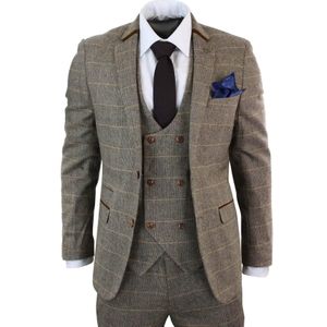 Heren - 3-delig - Bruin - Visgraat Tweed - Pak
