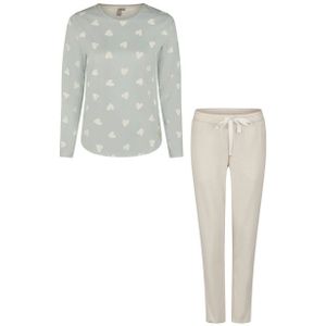 By Louise Dames pyjama set lang katoen mintgroen hartjes/beige gestreept