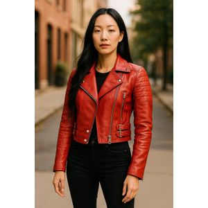 Dames - Cropped Leren Bikerjack - Rood - Brando