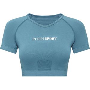 Plein Sport - Seamless Cropped T-shirt V-Neck SS Logo - Blauw - Dames - Polyester