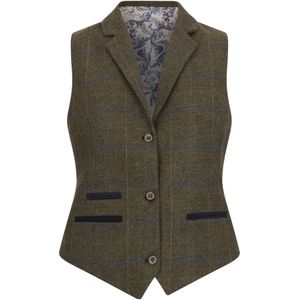 Dames olijfgroen getailleerde tweed gilet met visgraatmotief