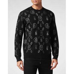 Philipp Plein - Pullover Round Neck Monogram - Gebreide Trui - Zwart - Merinowol