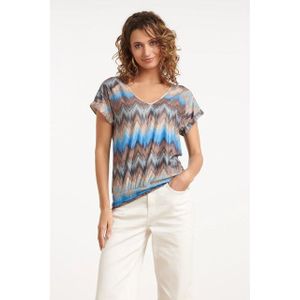 Smashed Lemon - 35192 - Dames Top - Blauw en Bruin - V-hals - Korte Mouwen