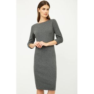 Grijze Gebreide Jurk - Getailleerd - ¾ Mouwen - Ronde Halslijn - Volledig Gevoerd