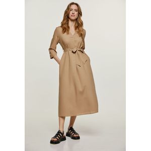 Midi Jurk - Beige - Linnen Stijl - Met Ceintuur