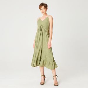 Trapeze midi -jurk met trekkoord en dunne schouderbanden