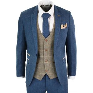 Heren - 3-delig - Blauw - Tweed Vintage Pak