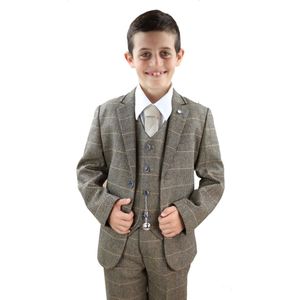 3-delig - Bruinbruin - Klassiek Pak - Visgraat-Tweedruit - Voor Jongens
