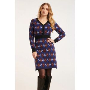 Smashed Lemon - 24612 - Gebreide Jurk - Kobaltblauw - A-lijn met Bladeren Print