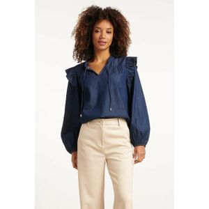 Smashed Lemon - Denim Top - Donkerblauw - Dames - Ruffled Halslijn met V-hals