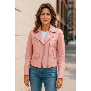 Dames - Classic Brando Biker - Leren Jas - Baby Roze