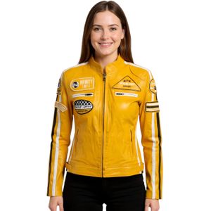 Dames - Dalby - Leren Bikerjack - Geel - Met Racebadges