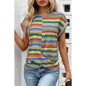 Regenbooggestreepte Knoop Korte Mouw Top