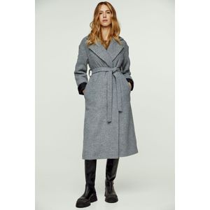 Geweven Winterjas - Grijs - Met Sjaalkraag en Elegante Riem