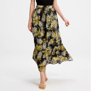 Rok - Lichte Sluier - Lange Rok met Lineaire Print en Ruches