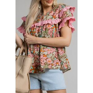 Bloemige Rimpelblouse Korte Mouwen