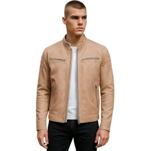 Mackay - Leren Bikerjas - Beige - Moderne Klassieke Gewatteerde