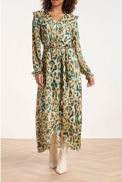 Smashed Lemon - Chiffon Maxi Jurk - Cheetah Print - Groen - Chiffon