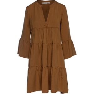 Jurk - Chocolade Bruin - Geplooide Naden - A-lijnmodel - Driekwart Klokmouwen