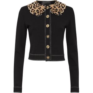 Philipp Plein - Leopard Collar Cardigan - Vest - Zwart - Dames - Polyester