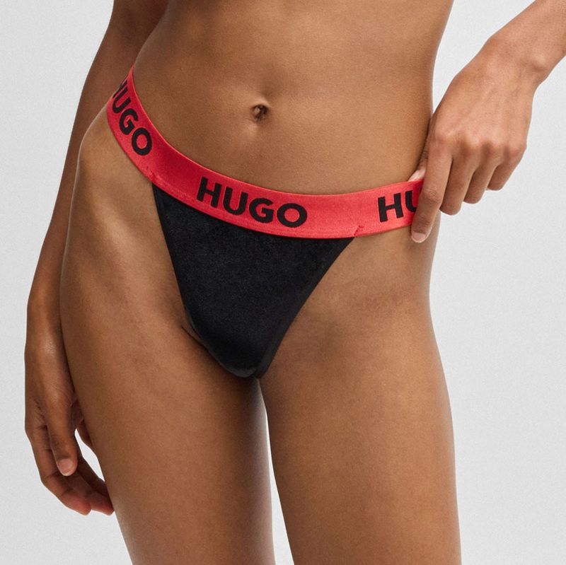 HUGO - Stretch-Velvet String - Zwart - Met Logo Tailleband