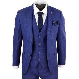 Heren - 3-delig - Koningsblauw - Geruit - Vintage Retro Pak