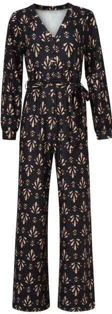 Smashed Lemon - Jumpsuit - Zwart en Camel - Stretchstof - Ornamentprint